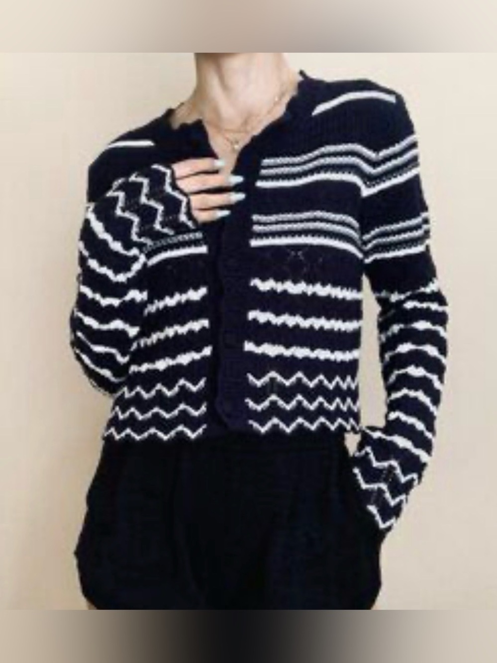 House of Harlow 1960 Striped Knit Cropped Cardigan Navy White XS